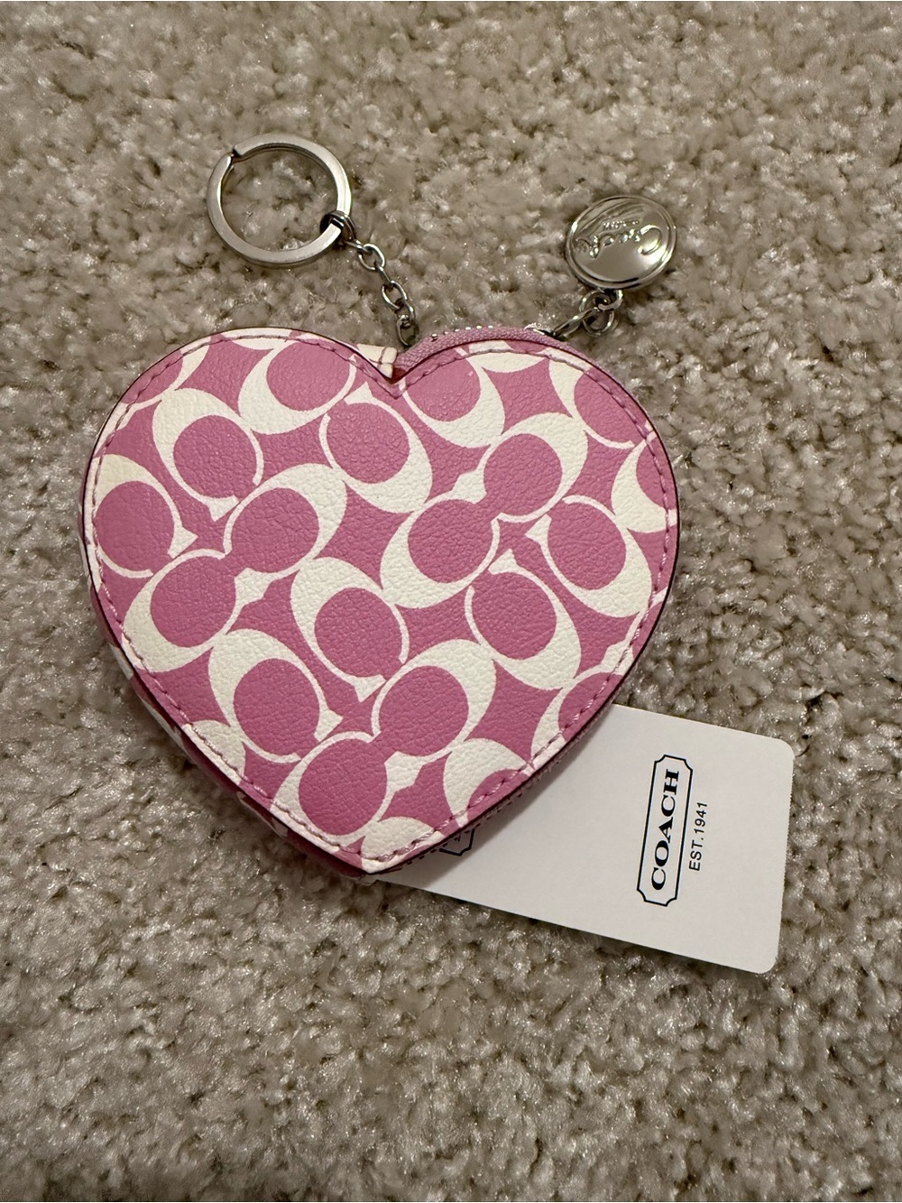 COACH Pink and White Heart-Shaped Signature Keychain Pouch NWT * See notes